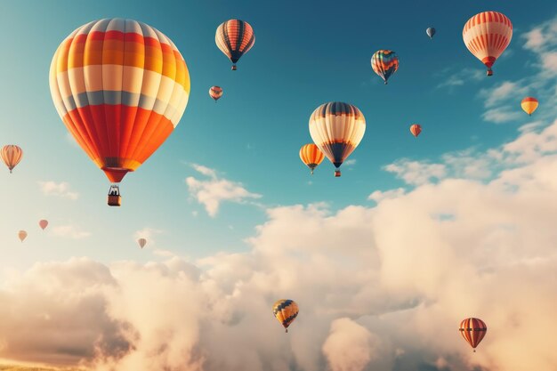 Kleurrijke heteluchtballonnen tijdens de vlucht AI gegenereerd