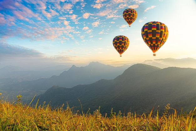 Kleurrijke heteluchtballonnen vliegen over de berg bij Dot Inthanon in Chiang Mai Thailand