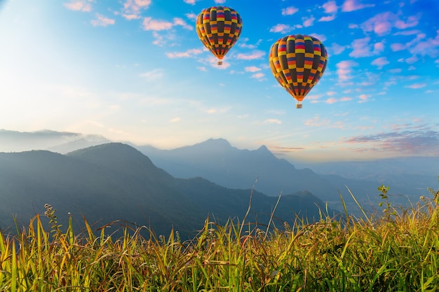 Kleurrijke heteluchtballonnen vliegen over de berg bij Dot Inthanon in Chiang Mai Thailand