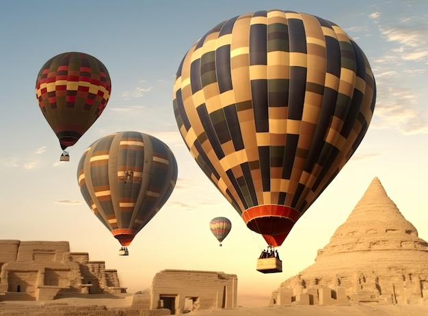 Kleurrijke heteluchtballonnen vliegen over de oude piramide van Teotihuacan, Mexico