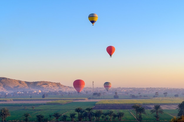 Kleurrijke heteluchtballonnen vliegen over het groene veld bij zonsopgang in de vallei der koningen en rode kliffen westelijke oever van de rivier de nijl luxor, egypte