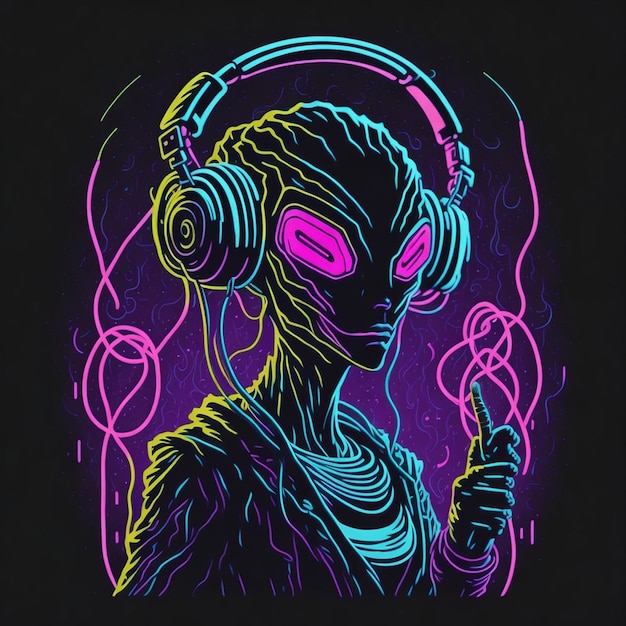 Kleurrijke hipster alien met neonverlichtingseffecten voor hoofdtelefoon