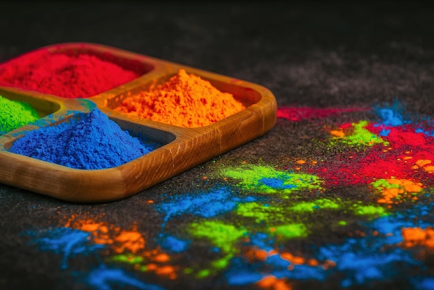 kleurrijke Holi-kleuren in een houten plaat op een donkere achtergrond voor de vakantie.