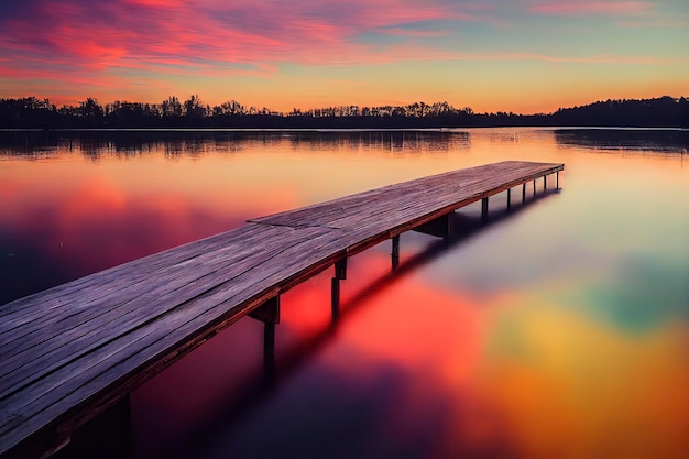 kleurrijke houten pier op een meer dat totaal rustig is tijdens zonsondergangGenerative AI