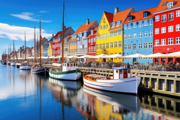 Kleurrijke huizen in Nyhavn Kopenhagen Denemarken Verbazingwekkend historisch stadscentrum Nyhavn Nieuwe haven kanaal en entertainment district in Kopenhagen AI gegenereerd