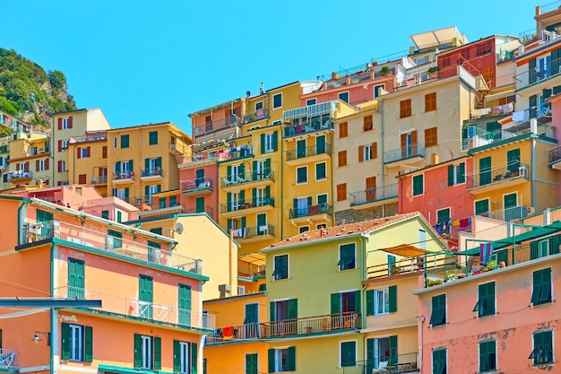 Kleurrijke huizen op de helling in de stad Manarola in Cinque Terre, La Spezia, Italië