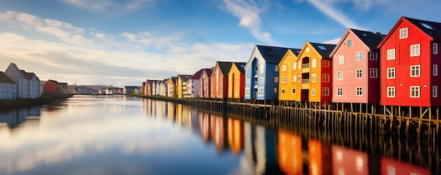 Kleurrijke huizen over het water in de stad Trondheim, Noorwegen