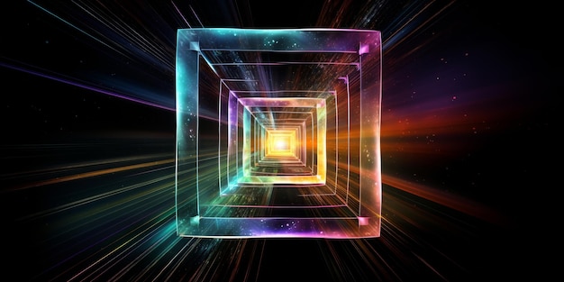 Kleurrijke hypercube ruimteschip timewarp regenboog Tesseract generatieve AI