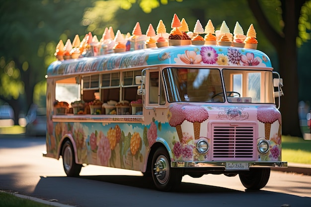 Foto kleurrijke ijscowagen in zomerpark gelukkige kinderen wachten generatief ia
