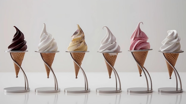 Kleurrijke ijsjes in wafelkegels op een witte achtergrond Generatieve AI-illustraties