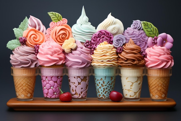 Kleurrijke ijsjes regenboog jimmies chocolade en aardbeien toppings drijvende ijsjes zomer concept met toppings foto van hoge kwaliteit