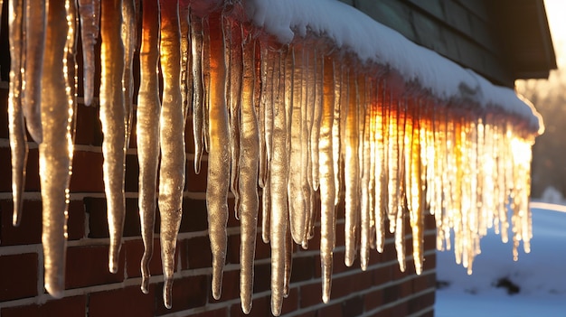 Kleurrijke ijspegels die op een koude winterdag aan het dak hangen