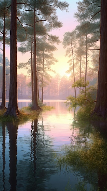 Kleurrijke illustratie met een landschap van een bosmeer