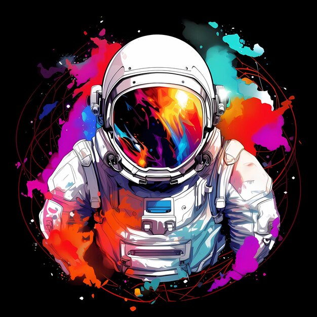 Kleurrijke illustratie van een astronaut Een T-shirtontwerp van een astronaut op een zwarte achtergrond