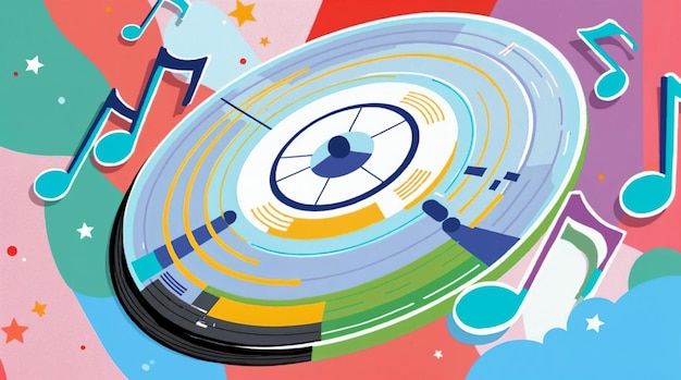 Kleurrijke illustratie van een vinylplatenspeler met muzieknoten