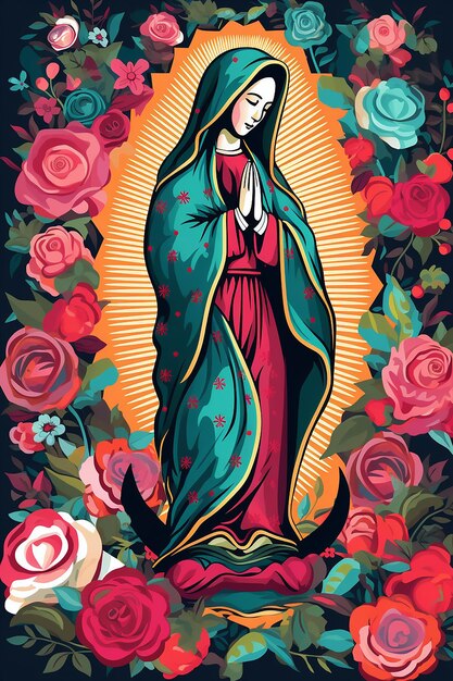 Foto kleurrijke illustratie virgen de guadalupe vol lichaam bloemige achtergrond