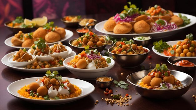 kleurrijke Indiase chaat delicatessen op de achtergrond van een stijlvolle restaurant tafel
