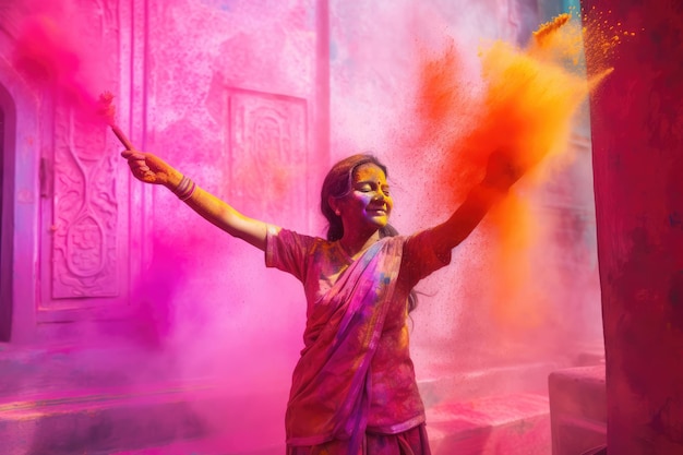 Kleurrijke Indiase vrouw bedekt met poederverf die een festival viert