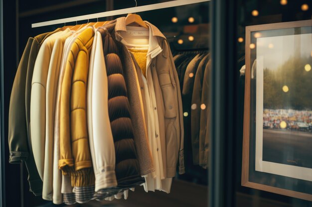 Kleurrijke jassen hangen aan een ophangrail aan het raam in de winkel, gemaakt met behulp van generatieve AI-technologie