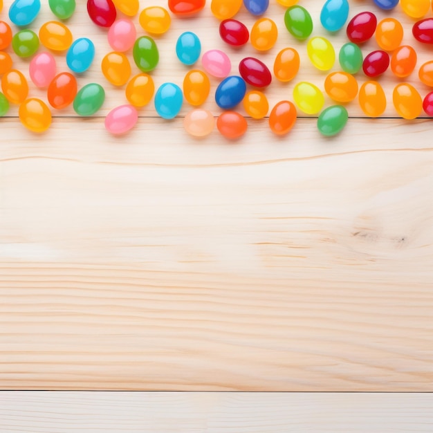 Kleurrijke jellybeans gerangschikt in een lentepatroon op een lichte houten achtergrond