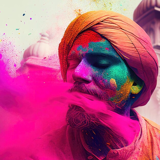 Kleurrijke jubel Een levendig portret van een man op het Holi-feest