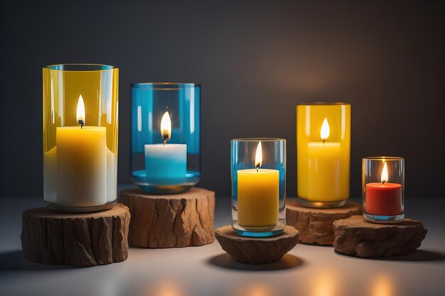 Kleurrijke kaarsen in glas op een houten tafel close-up ai generatief