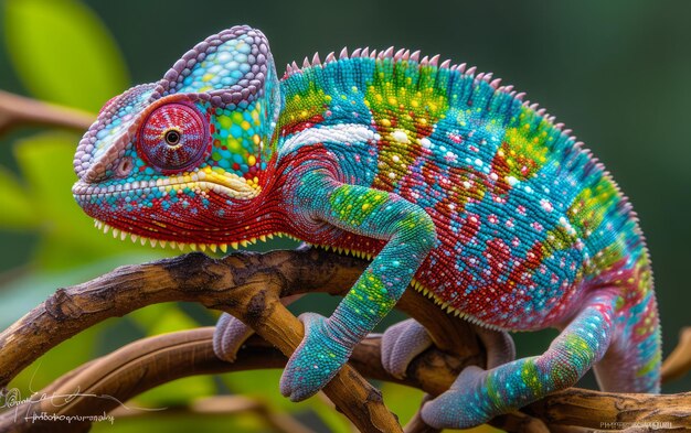 Foto kleurrijke kameleon op een groene tak