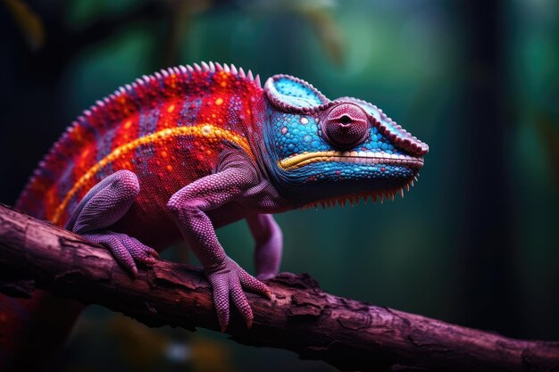 Kleurrijke kameleon op een tak in het bos Close-up van heldere kameleon Op de tak op donkere achtergrond Ai gegenereerd