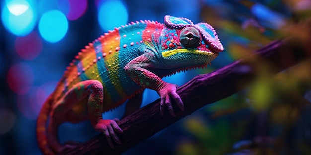 Kleurrijke kameleon zat op een boomtak met levendig neonlichteffect Digitale kunst Generatieve AI