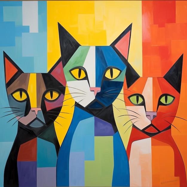Kleurrijke katten in De Stijl-stijl Een gedurfde en elegante schilderij