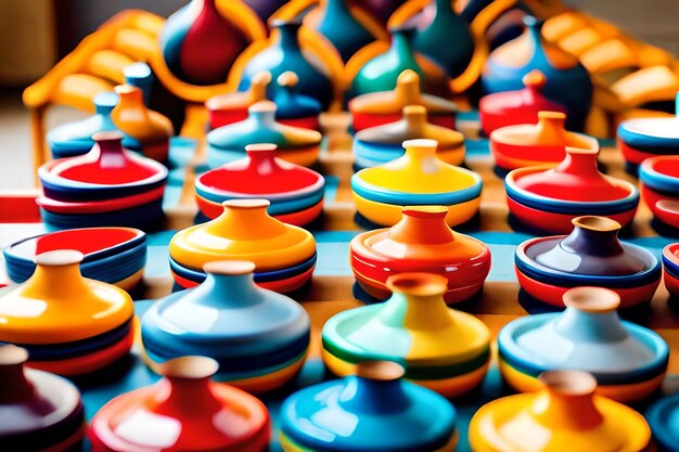 kleurrijke keramische potten worden in een winkelvenster tentoongesteld.