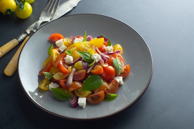 Kleurrijke kersentomaten en basilicumsalade in een plaat. Gezond, zomers eten.