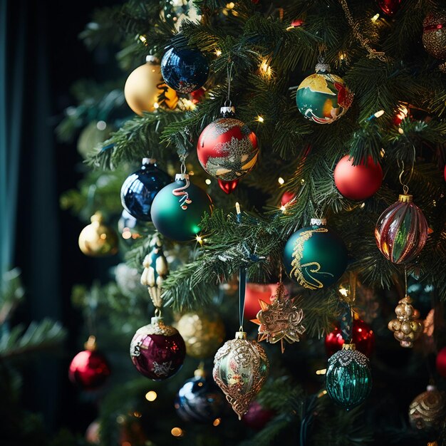 Foto kleurrijke kerstballen hangen in een groene kerstboom
