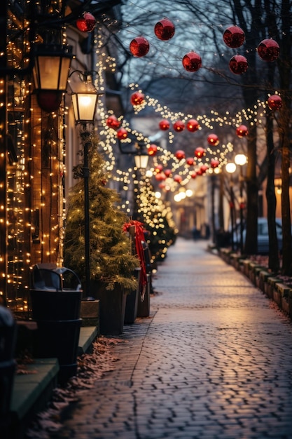 Kleurrijke kerstverlichting en decoraties op straat in de stad