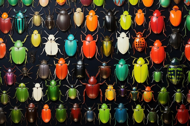 Kleurrijke kevers gerangschikt in een patroon op een bladgroen canvas