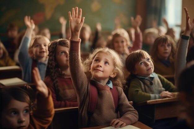 Kleurrijke klas gevuld met studenten die hun handen opheffen om te antwoorden in de klas Back To School concept Ai gegenereerd