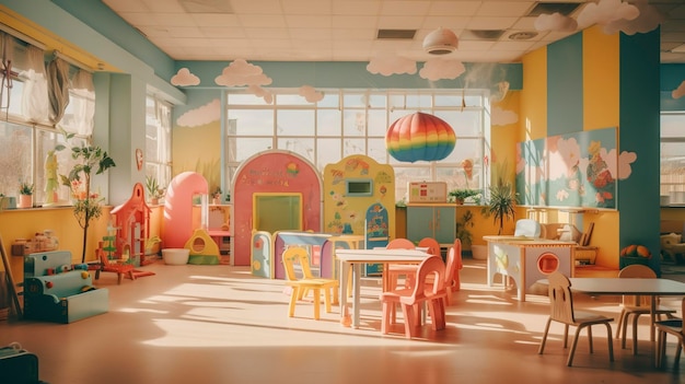 Foto kleurrijke kleuterschool klaslokaal interieur met speelgoed en kindsized meubels geen mensen