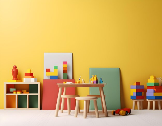 kleurrijke kleuterschool met houten meubels en speelgoed