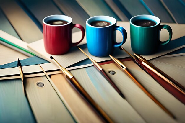 Foto kleurrijke koffiekopjes op een tafel met de woorden koffie op de top.