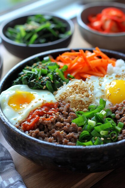 Foto kleurrijke koreaanse bibimbap met gemalen rundvlees en groenten