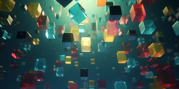 Kleurrijke kubussen zwevend in de lucht met een blauwe achtergrond.
