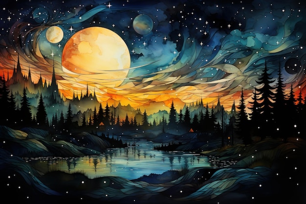 Kleurrijke kunst in Bathik-stijl van de nachtelijke hemel met volle maan