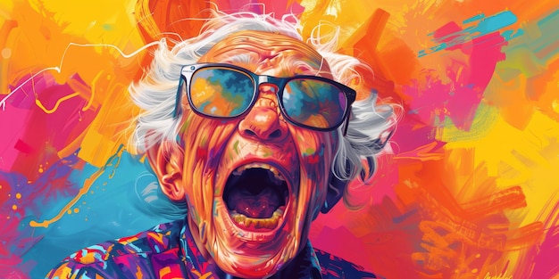 Foto kleurrijke kunstwerken van een verbaasde oudere vrouw.