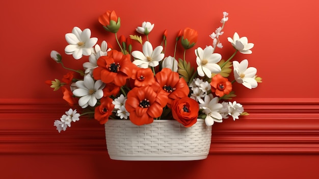 Kleurrijke Lentebloemen in witte houten mand op rode achtergrond