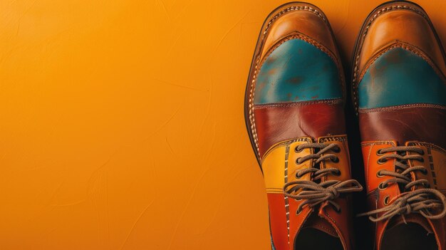 Foto kleurrijke leren schoenen op een levendige oranje achtergrond