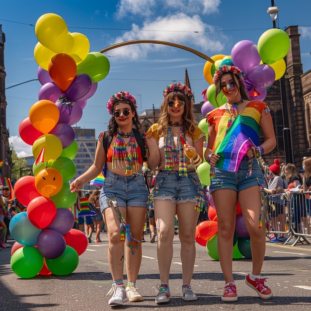 Kleurrijke LGBTQ Pride Parade in Manchester City Street Jonge vrouwen lopen