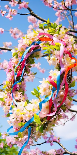 Kleurrijke linten met bloemenkrans, symbool van de Beltane-traditie met natuurlijke lentetuin