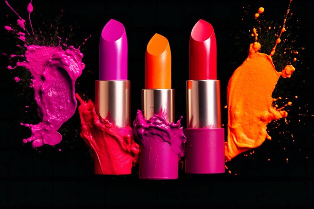 Kleurrijke lippenstiften over een verfplons van kleuren