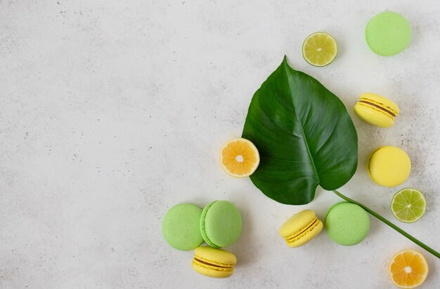 Kleurrijke macarons, citroen- en limoenplakken, groen blad op een witte betonnen ondergrond