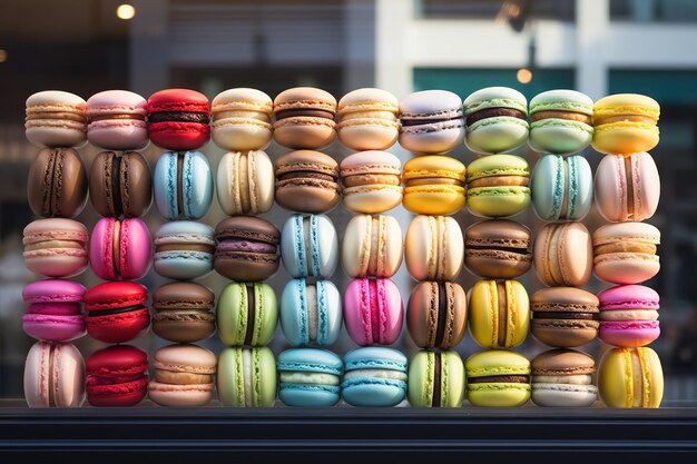 Foto kleurrijke macarons in een parijse patisserie-raamdisp